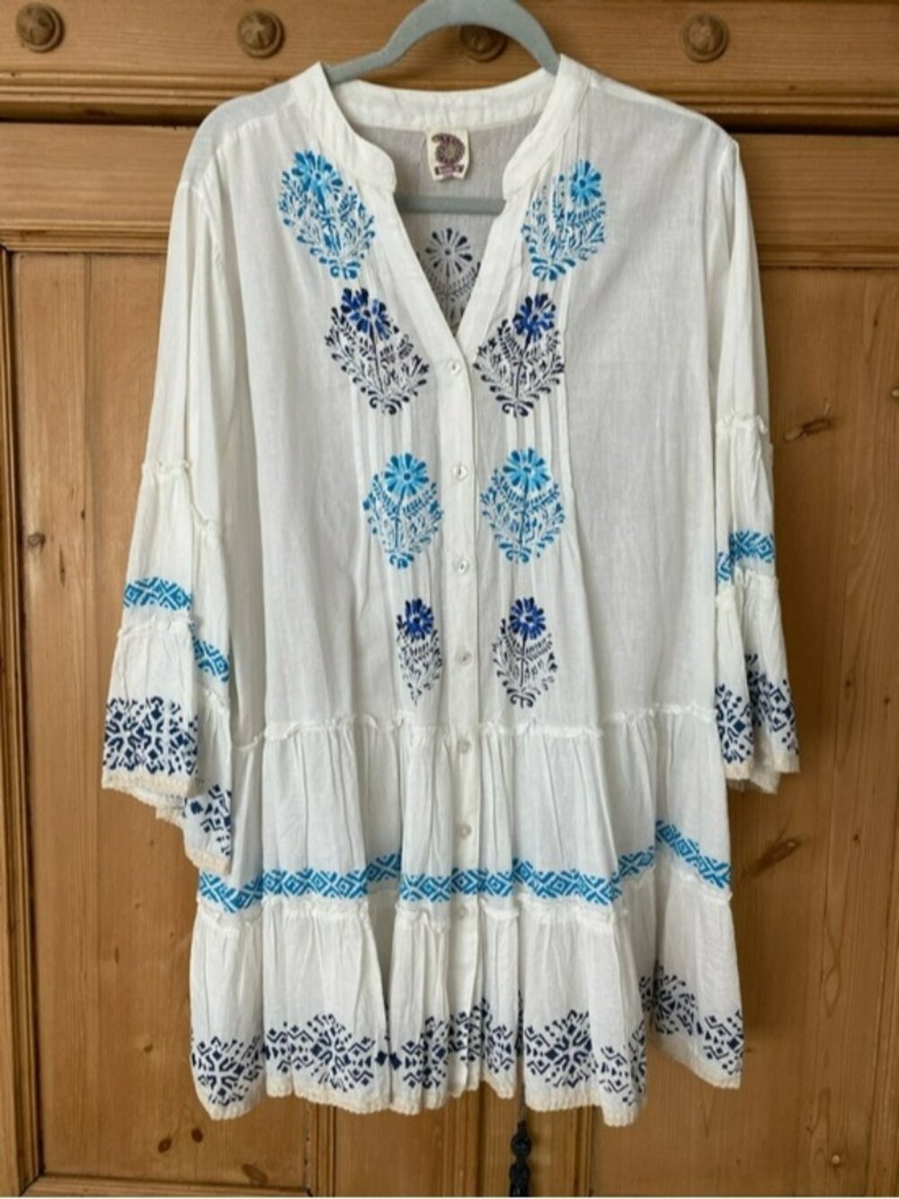 White Long-Sleeve Tunic Dress with Blue Floral Embroidery Boho Chic